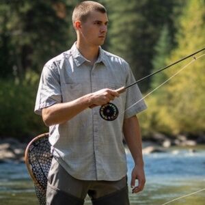 New ORVIS River Guide Short Sleeve Shirt XL Gray Titanium Plaid SPF Outdoor